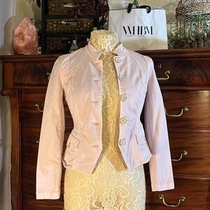 WHBM- pink jean jacket - tailored military styling w cream marbled buttons